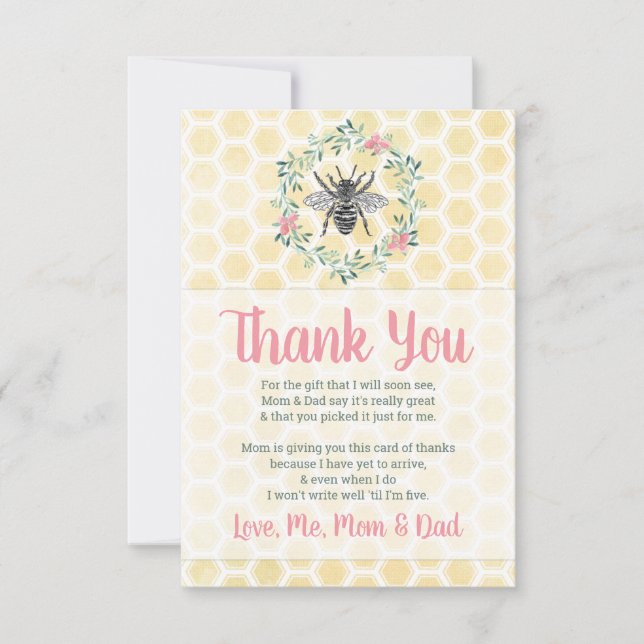 gingham girl mommy to bee theme flat baby shower thank you card (Front)