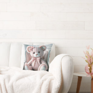 Gingham  Girly Teddy Bear On a Chair Throw Pillow