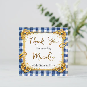 Gingham Gold Blue White Luxury Modern Trendy Chic Thank You Card