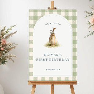 Gingham Golf First Birthday Welcome Sign