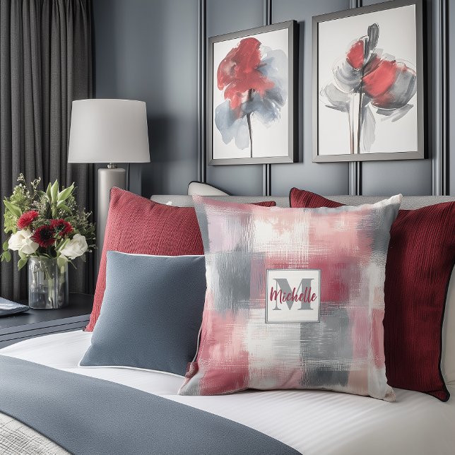 Gingham Grace Pink & Gray Monogram Accent Pillow (Creator Uploaded)