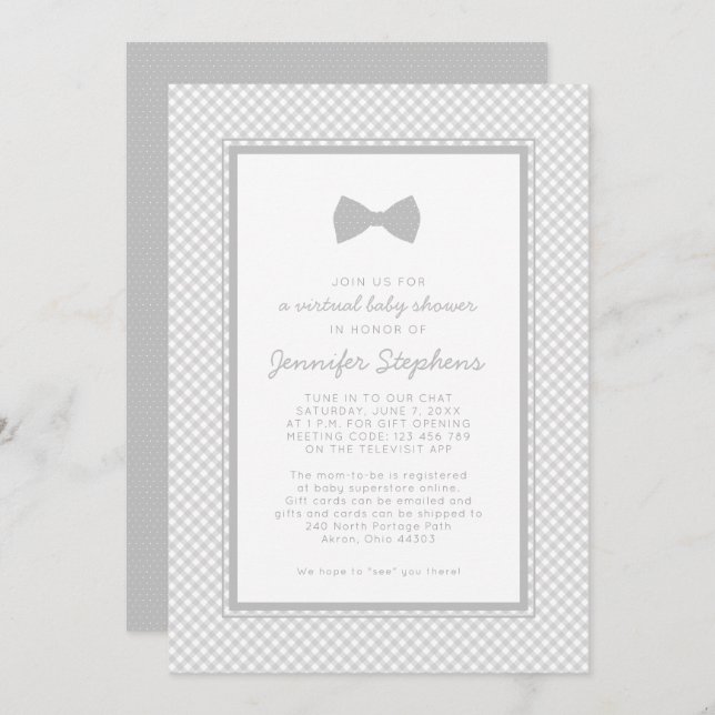 Gingham gray bow tie virtual baby shower invitation (Front/Back)