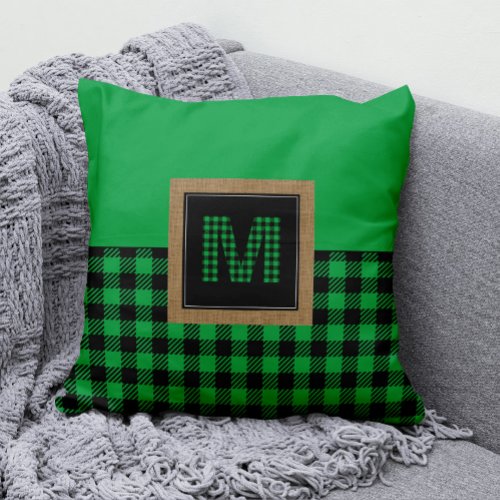 Gingham Green and Black Buffalo Plaid Monogram Throw Pillow