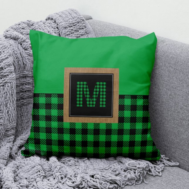 Gingham Green and Black Buffalo Plaid Monogram Throw Pillow (Monogram Green and Black Buffalo Check Pillow)