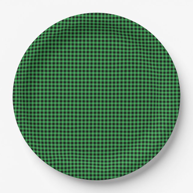 Gingham Green Black Classic Holiday Preppy Fun Paper Plates (Front)