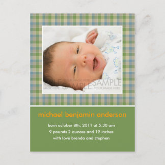 Gingham Green/Blue • Baby Announcement Postcard