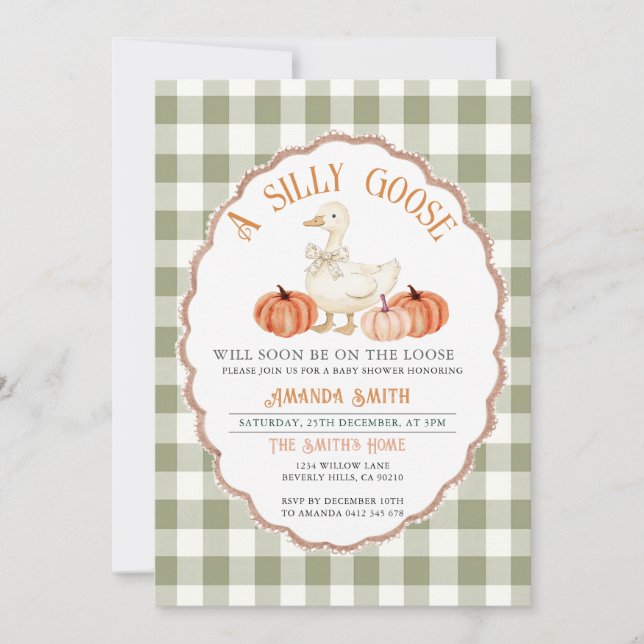 Gingham Green Fall Silly Goose Baby Shower  Invitation (Front)