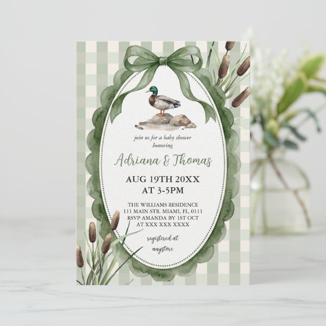 Gingham Green Mallard Duck Baby Shower  Invitation (Standing Front)