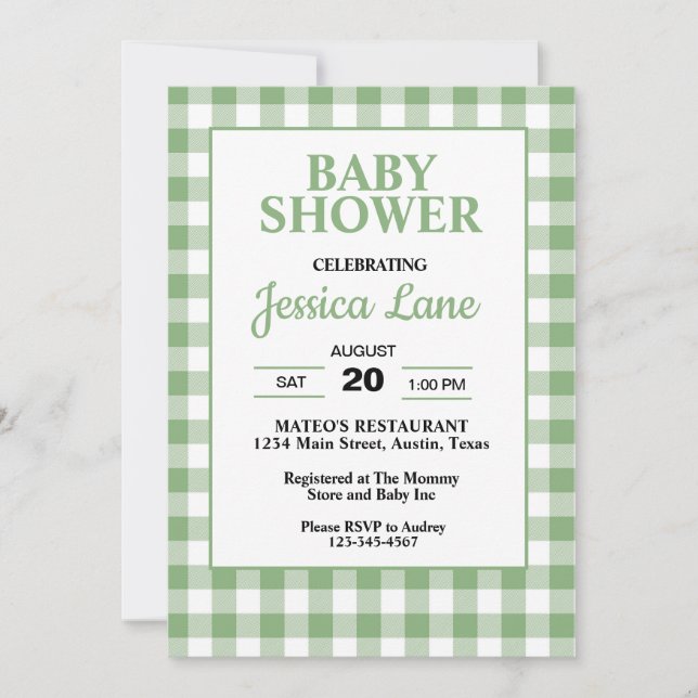 Gingham Green Plaid Baby Shower Invitation (Front)