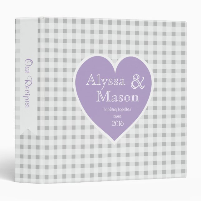 Gingham Grey Checker and Heart Lavender 3 Ring Binder (Front/Spine)