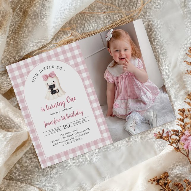 Gingham Halloween Ghost Girl 1st Birthday Photo Invitation (Creator Uploaded)