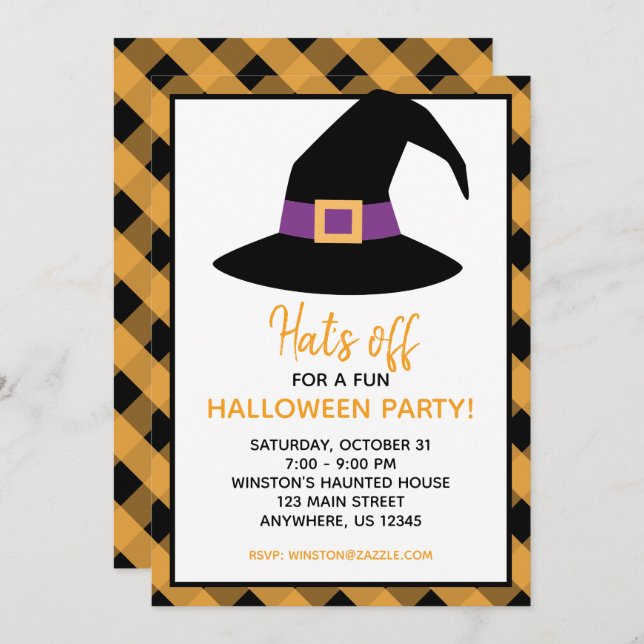 Gingham Halloween Witch Hat Party Invitations (Front/Back)