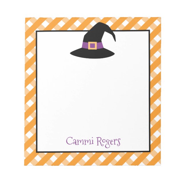 Gingham Halloween Witch Hat Personalized Notepad (Front)