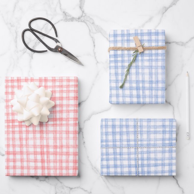 Gingham Hand-Drawn Modern Cute Blue Red Picnic Wrapping Paper Sheets (Front)