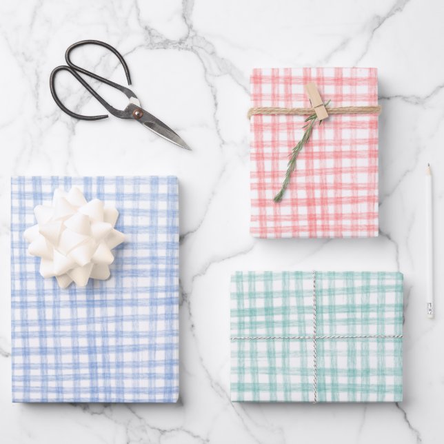 Gingham Hand-Drawn Modern Cute Christmas Preppy Wrapping Paper Sheets (Front)