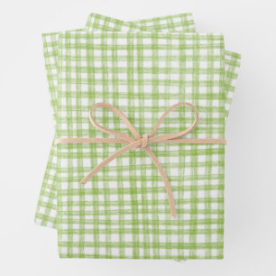 Gingham Hand-Drawn Modern Cute Green White Preppy Wrapping Paper Sheets