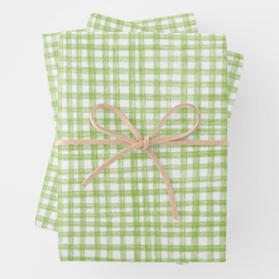 Gingham Hand-Drawn Modern Cute Green White Preppy Wrapping Paper Sheets