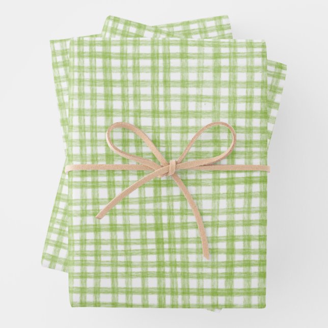 Gingham Hand-Drawn Modern Cute Green White Preppy Wrapping Paper Sheets (In situ)