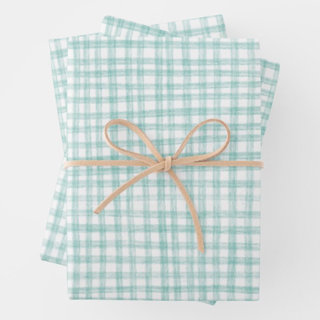 Gingham Hand-Drawn Modern Cute Green White Preppy Wrapping Paper Sheets (In situ)