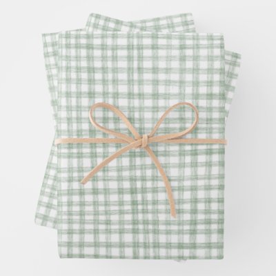 Gingham Hand-Drawn Modern Cute Green White Preppy Wrapping Paper Sheets