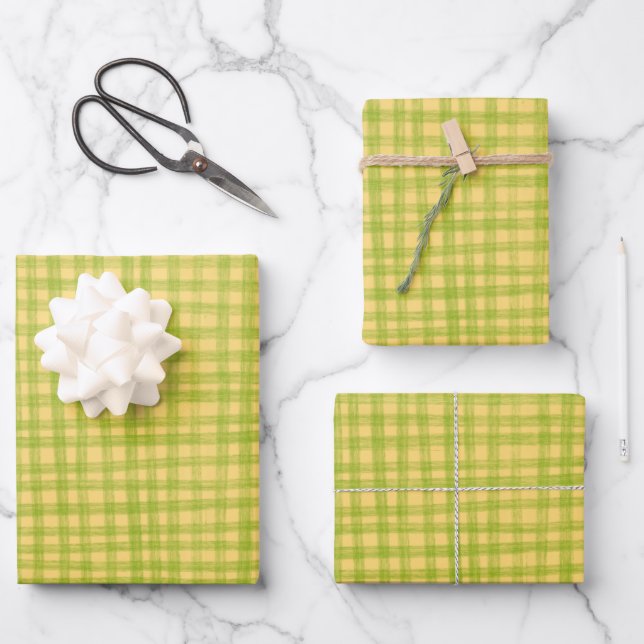 Gingham Hand-Drawn Modern Cute Green Yellow Preppy Wrapping Paper Sheets (Front)