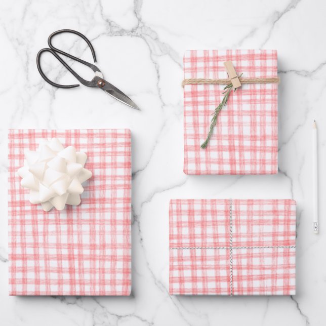 Gingham Hand-Drawn Modern Cute Red White Picnic Wrapping Paper Sheets (Front)