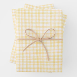 Gingham Hand-Drawn Modern Cute Yellow White Preppy Wrapping Paper Sheets