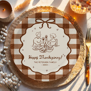 Gingham Hand Drawn Thanksgiving Dinner Party Paper Plates