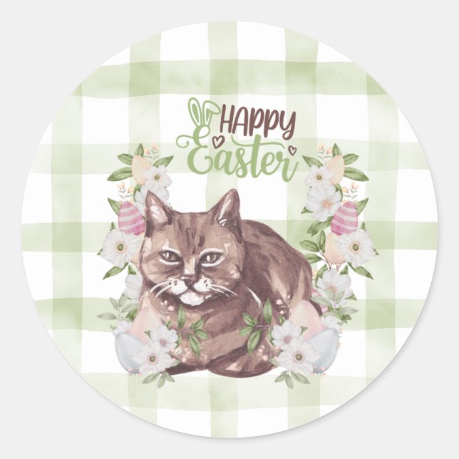 Gingham Happy Easter Cat Classic Round Sticker (Front)