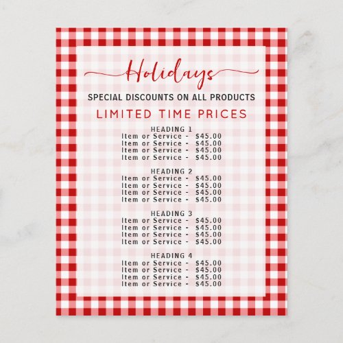 Gingham Holiday Special Christmas Price List Menu Flyer