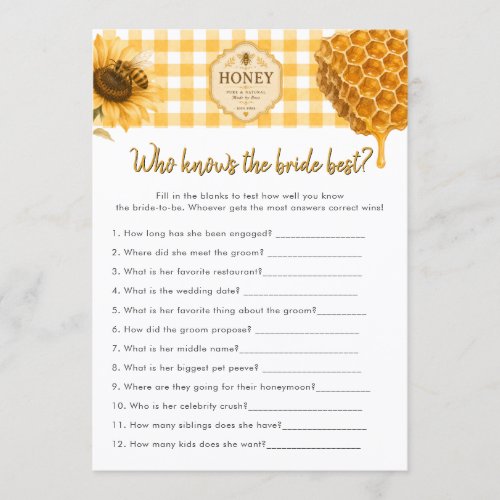 Gingham Honeycomb Bee Bridal Shower Game Card