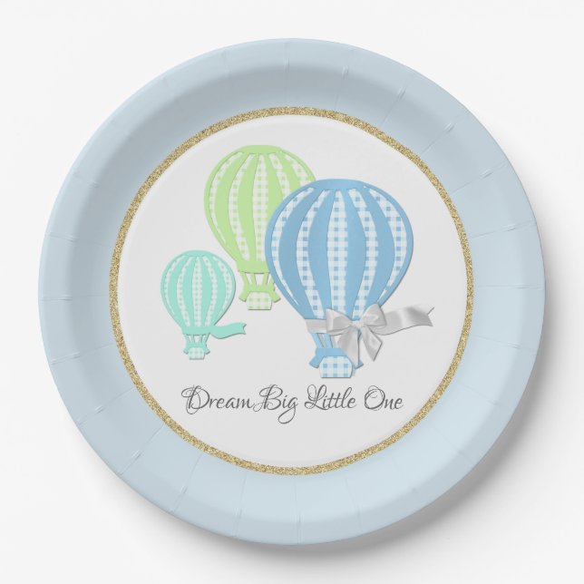 Gingham Hot Air Balloon Baby Blue Paper Plates (Front)