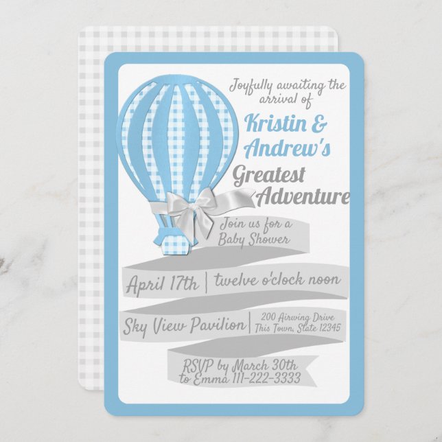 Gingham Hot Air Balloon Blue Baby Shower Invitation (Front/Back)