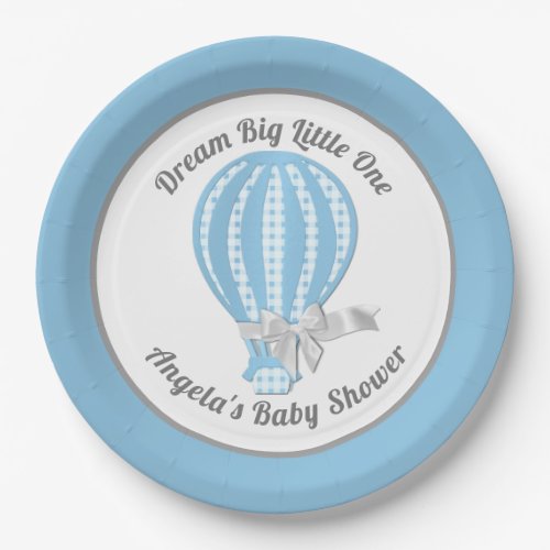 Gingham Hot Air Balloon Blue Baby Shower Paper Plates