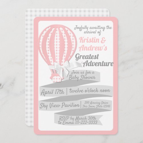 Gingham Hot Air Balloon Pink Baby Shower Invitation