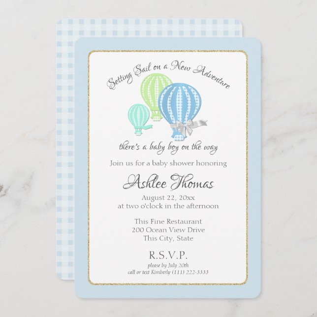 Gingham Hot Air Balloons Adventure Baby Shower Invitation (Front/Back)