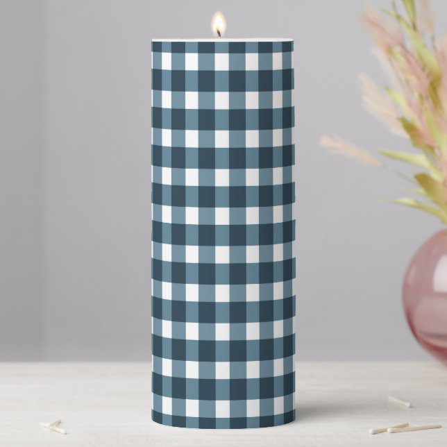 Gingham Indigo Blue Pattern Pillar Candle (In Situ)