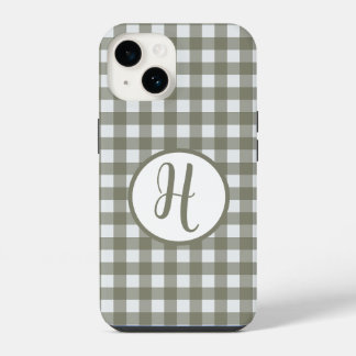 Gingham Initial Monogram Circle Sage Green Checks iPhone 14 Case