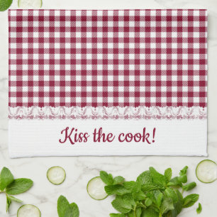 Gingham Lace and Name in Burgundy Red Kitchen Towel