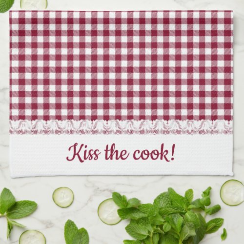 Gingham Lace and Name in Burgundy Red Kitchen Towel