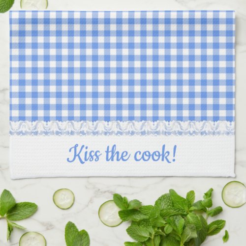 Gingham Lace and Name in Cornflower Blue Kitchen Towel