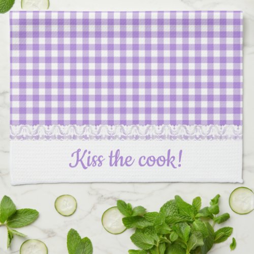 Gingham Lace and Name in Lavender purple Kitchen Towel