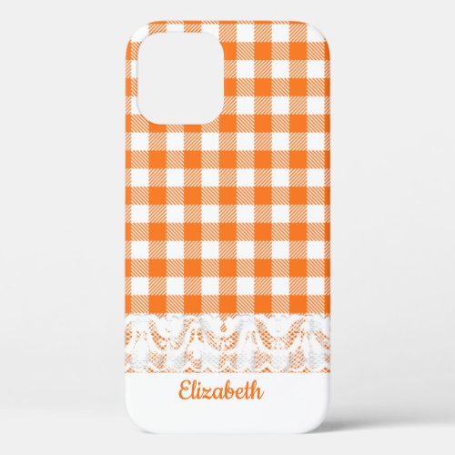 Gingham lace and name in orange iPhone 12 case