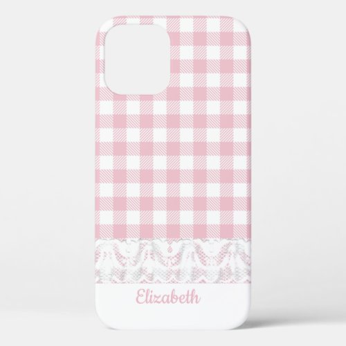 Gingham lace and name in pink iPhone 12 case