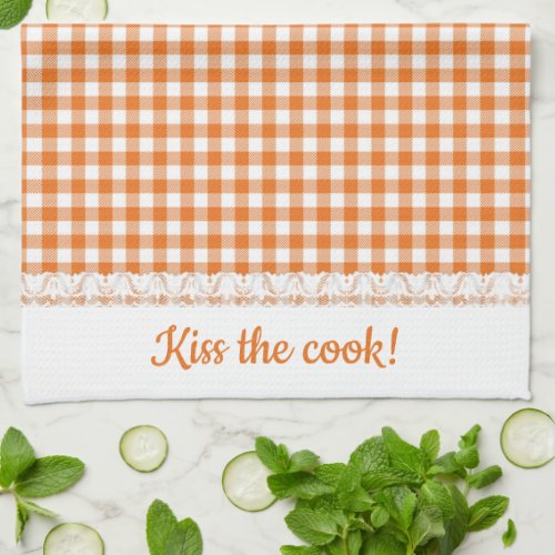 Gingham Lace and Name in Tango Orange Kitchen Towel