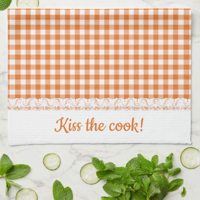 Gingham Lace and Name in Tango Orange Kitchen Towel (Folded)