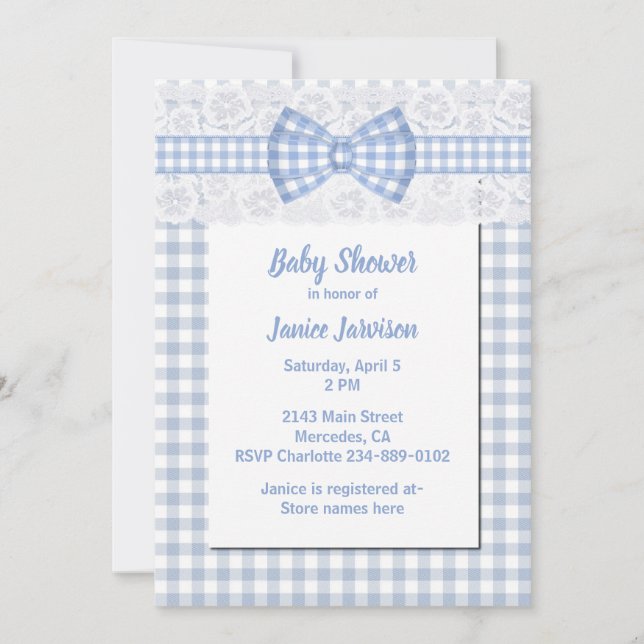 Gingham & Lace Country Blue Baby Shower Invitation (Front)