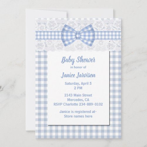 Gingham  Lace Country Blue Baby Shower Invitation