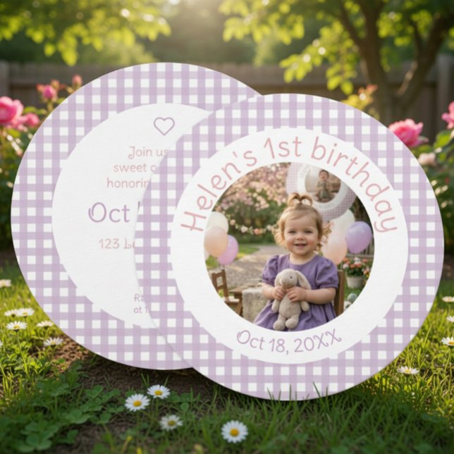 Gingham Lavender 1st Birthday Photo Invitation (Creator Uploaded)