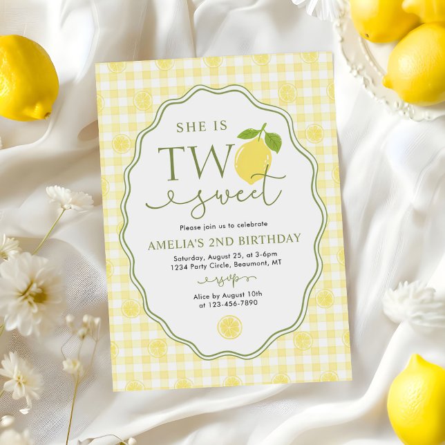 Gingham Lemon Citrus Themed 2nd Birthday Invitation (Creator Uploaded)